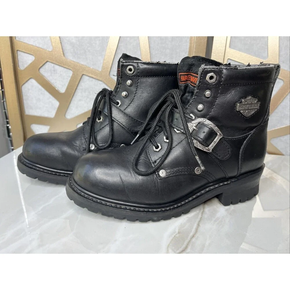 vtg harley davidson Black Leather Moto Boots Uk 7.5 Eu 41 Men Us 8.5 Women 10